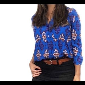 Anthropologie Cobalt Blue Printed V-Neck Button Blouse